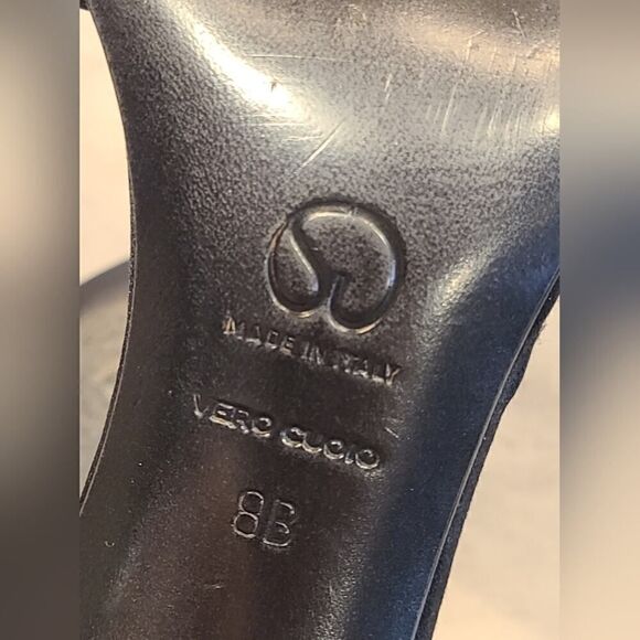 St. John Odessa Satin Mules, Crystal Buckle Black & Gold Heels | 8B - Picture 11 of 14